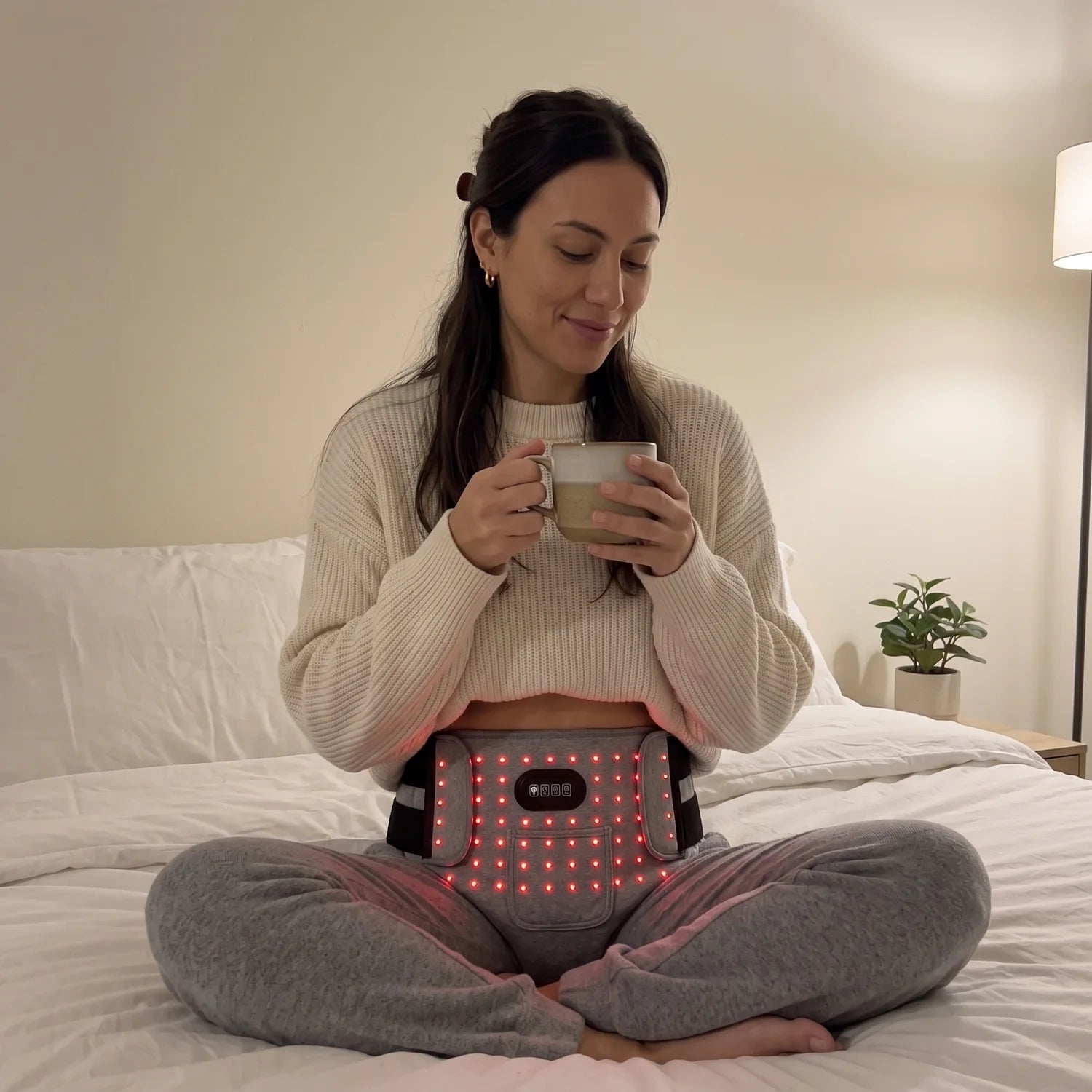 A woman sipping tea on her bed, relaxed, wearing the glowing Period Therapy Brief