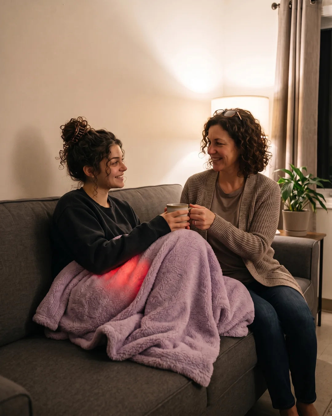 A mom handing her daughter tea while she rests under a blanket with the brief on
